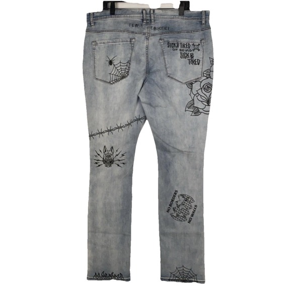 Ninth Hall Rogue Men's Skinny Jeans Graphic Print Lt Wash Sz 38x34 Gothic grunge - Picture 2 of 9